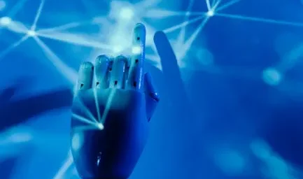 Futuristic robotic hand touching a digital network on a blue background.