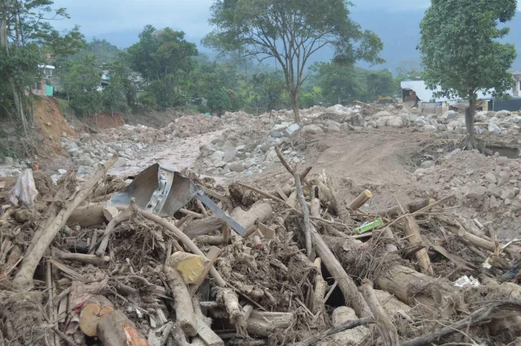 Debris and destruction after a severe landslide in Mocoa, Colombia.