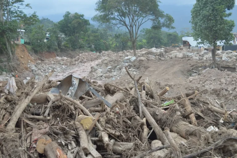 Debris and destruction after a severe landslide in Mocoa, Colombia.